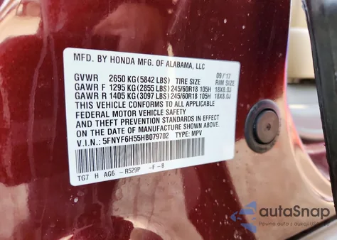 2017 Honda Pilot Exl из США, поврежденный, VIN 5FNYF6H55HB079702